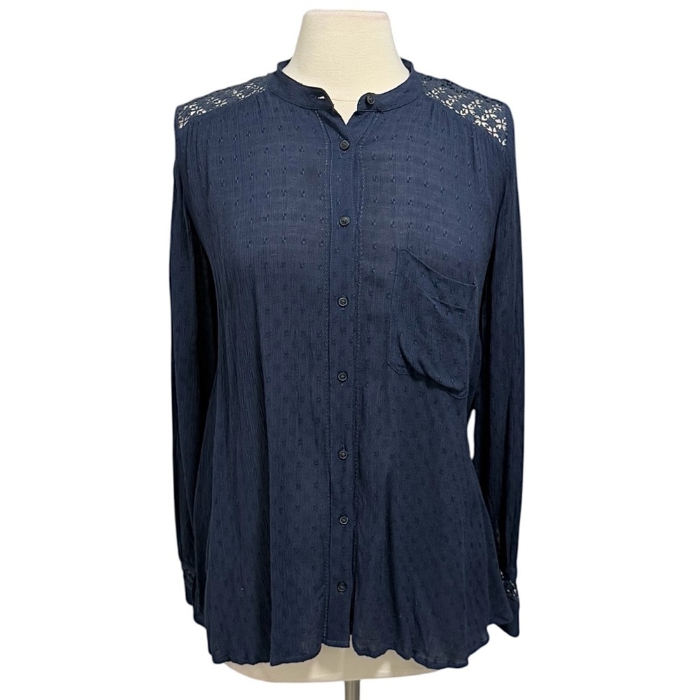 Cloth & Stone Textured Open Back Navy Long Sleeve Blouse Size Small NWOT